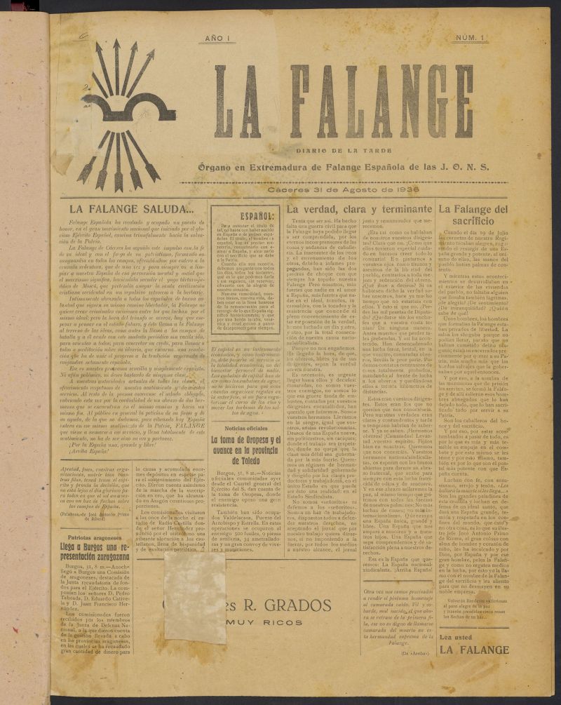 La Falange: Diario de la tarde del 31 de agosto de 1936, n 1
