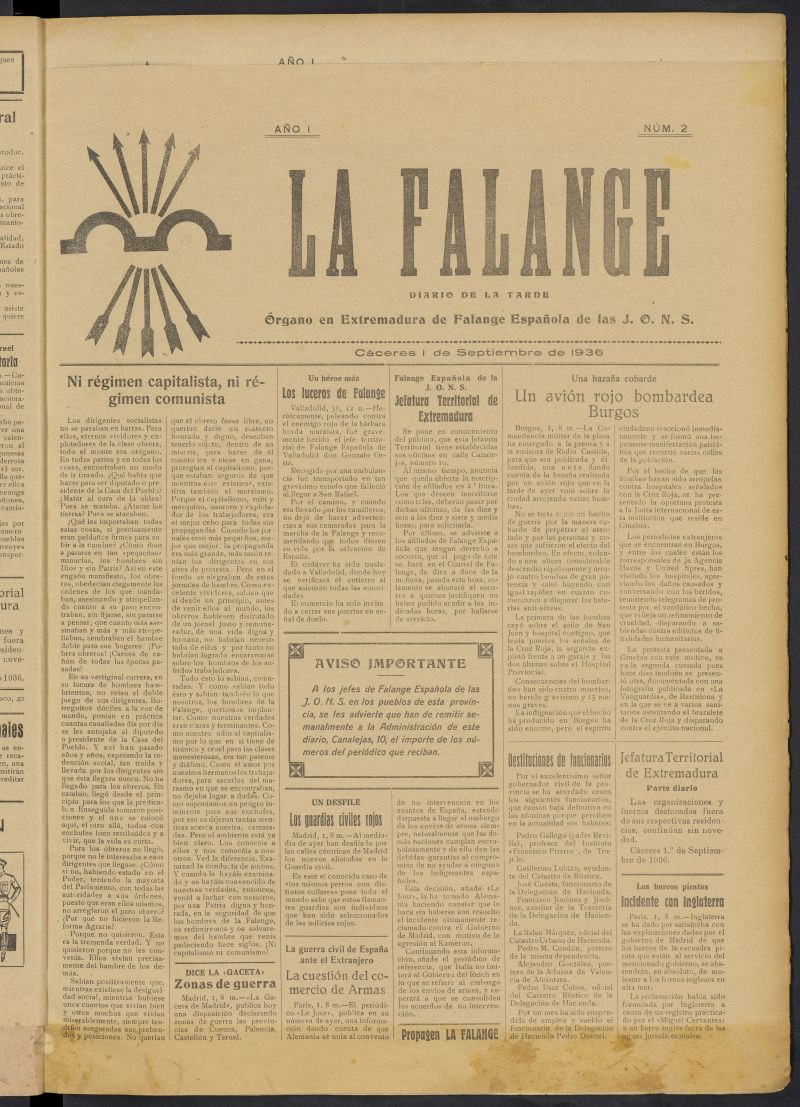 La Falange: Diario de la tarde del 1 de septiembre de 1936, n 2