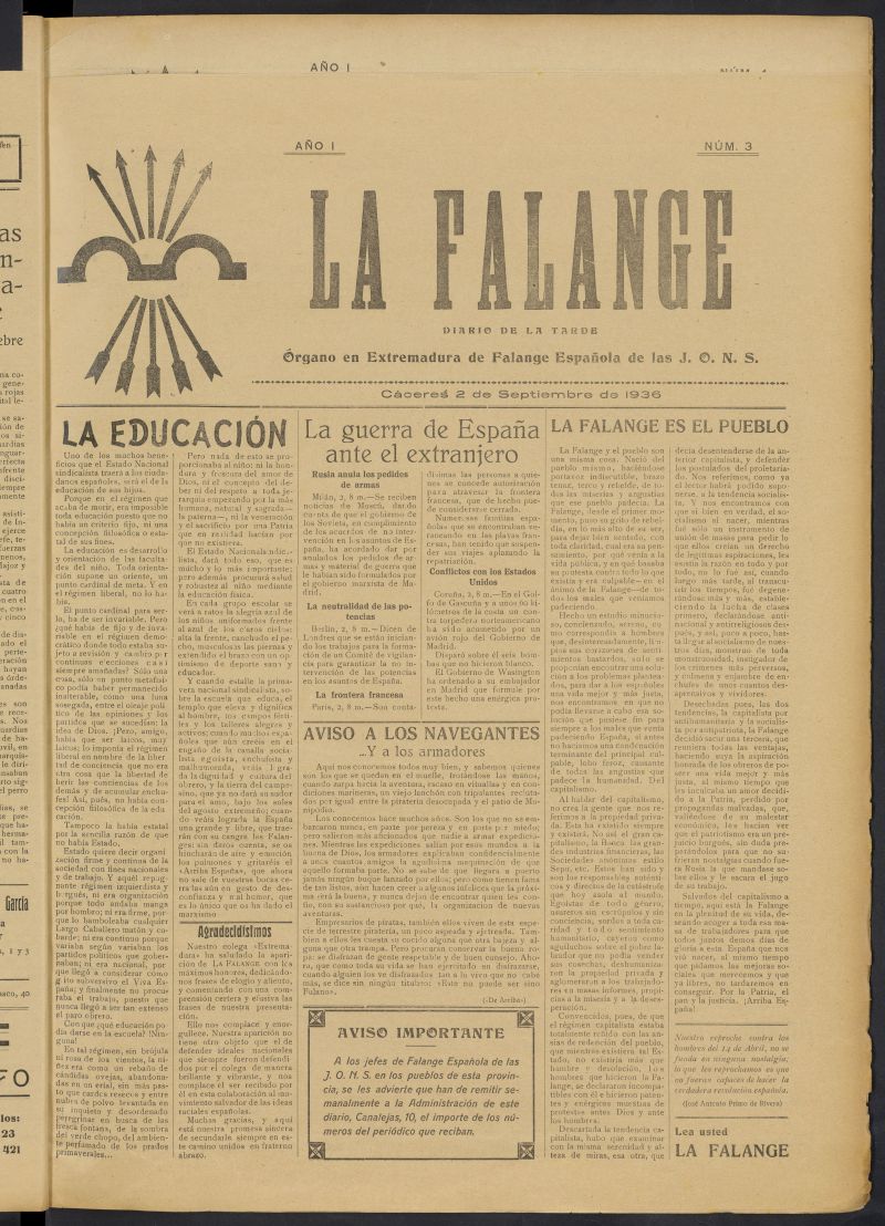 La Falange: Diario de la tarde del 2 de septiembre de 1936, n 3