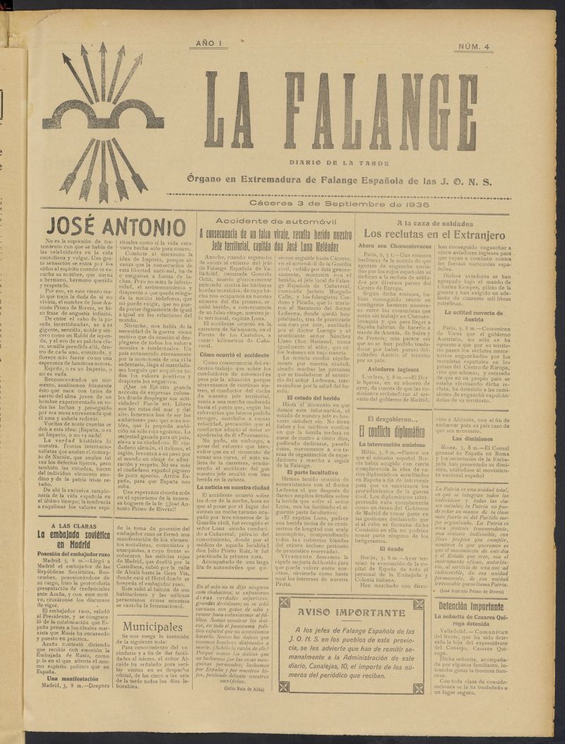 La Falange: Diario de la tarde del 3 de septiembre de 1936, n 4