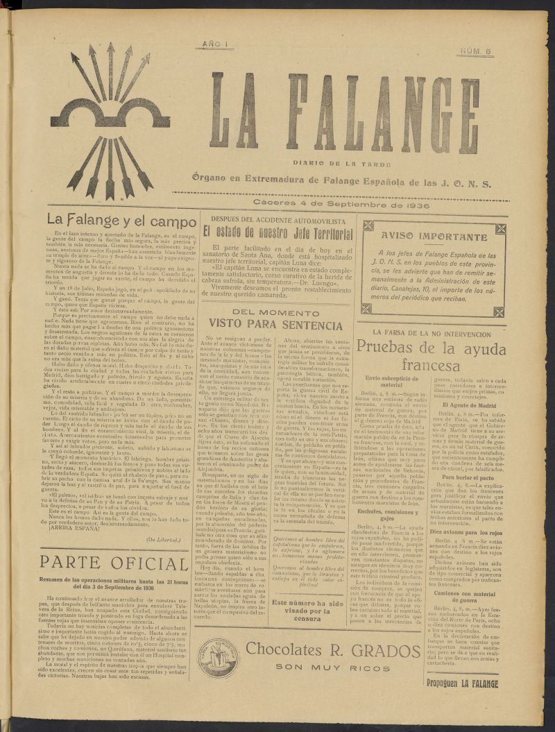 La Falange: Diario de la tarde del 4 de septiembre de 1936, n 5