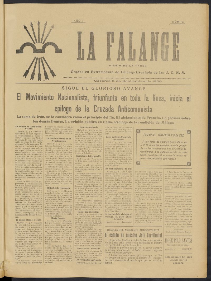 La Falange: Diario de la tarde del 5 de septiembre de 1936, n 6