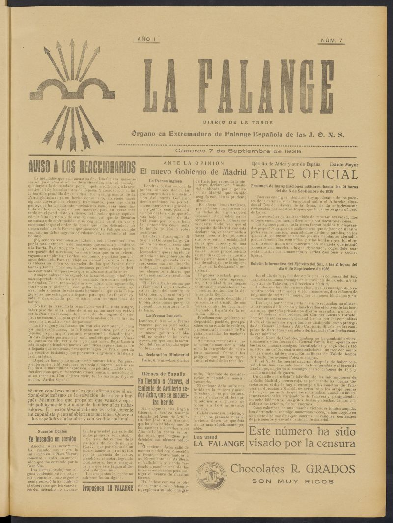 La Falange: Diario de la tarde del 7 de septiembre de 1936, n 7