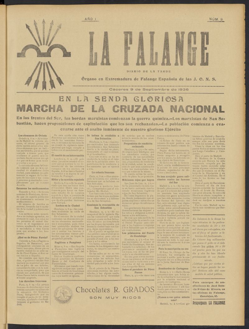La Falange: Diario de la tarde del 9 de septiembre de 1936, n 9