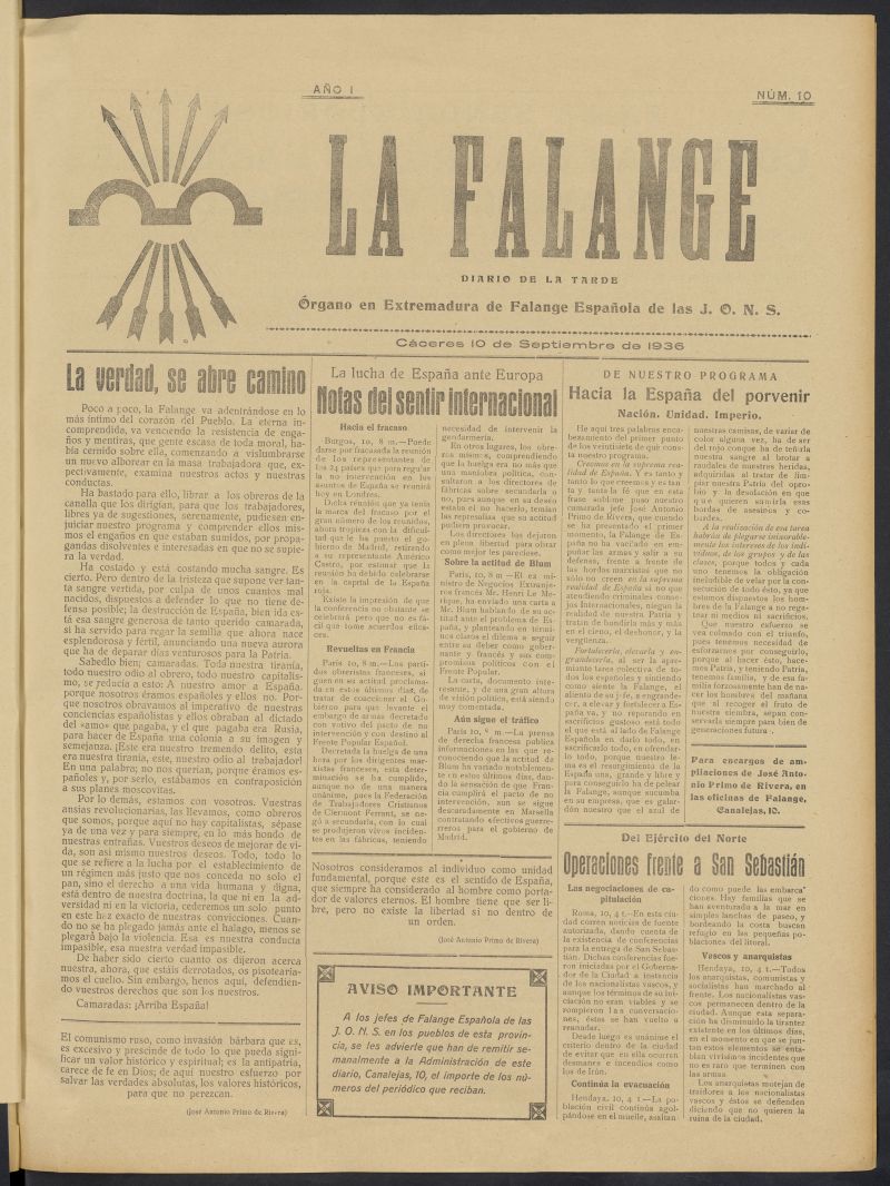 La Falange: Diario de la tarde del 10 de septiembre de 1936, n 10