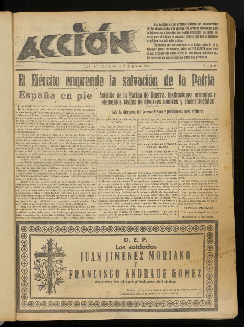 Accin (Las Palmas de Gran Canaria) del 21 de julio de 1936, n 385