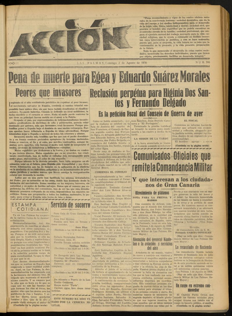 Accin (Las Palmas de Gran Canaria) del 2 de agosto de 1936, n 396