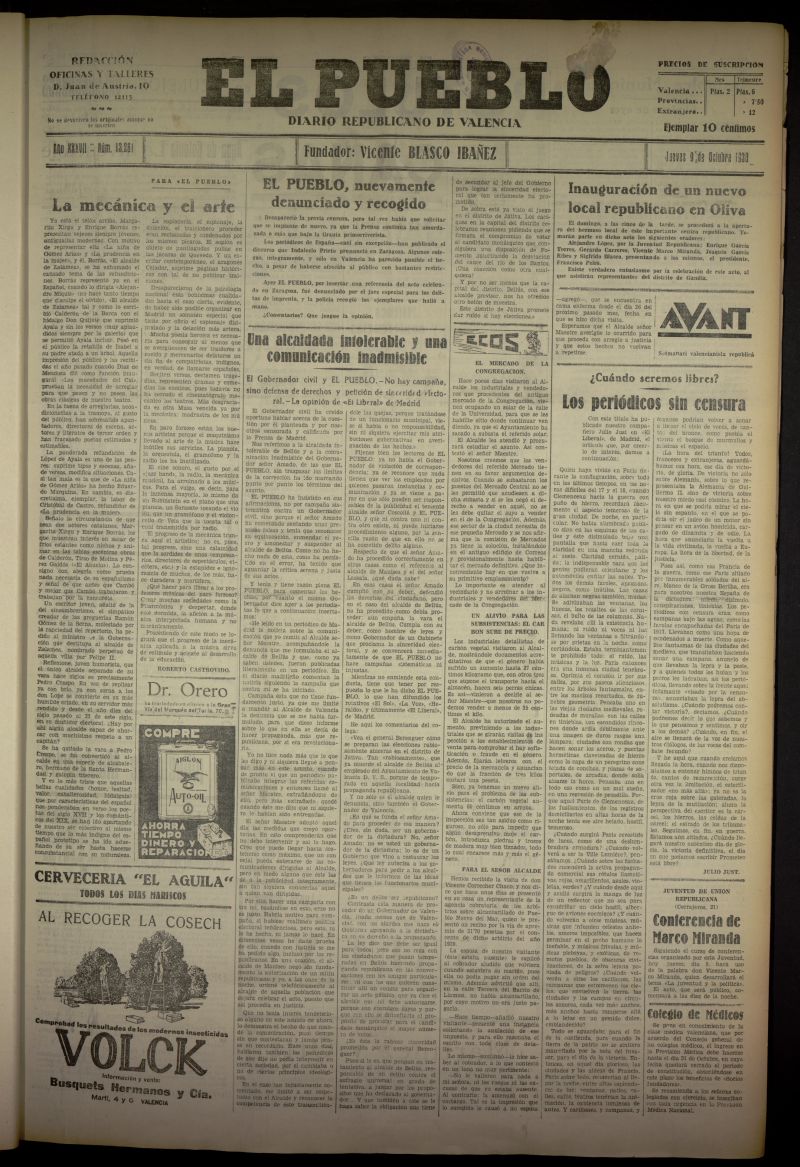 El Pueblo : Diario republicano de Valencia del 9 de octubre de 1930, n 13261
