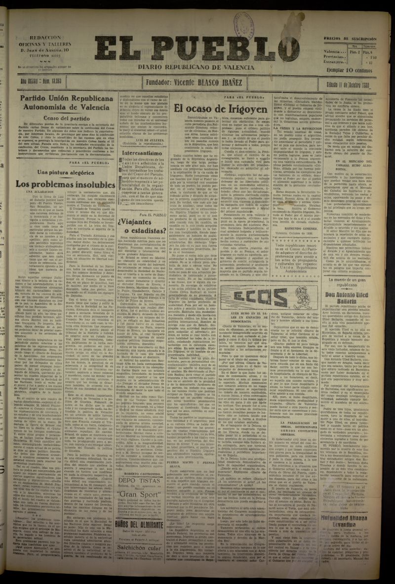 El Pueblo : Diario republicano de Valencia del 11 de octubre de 1930, n 13263
