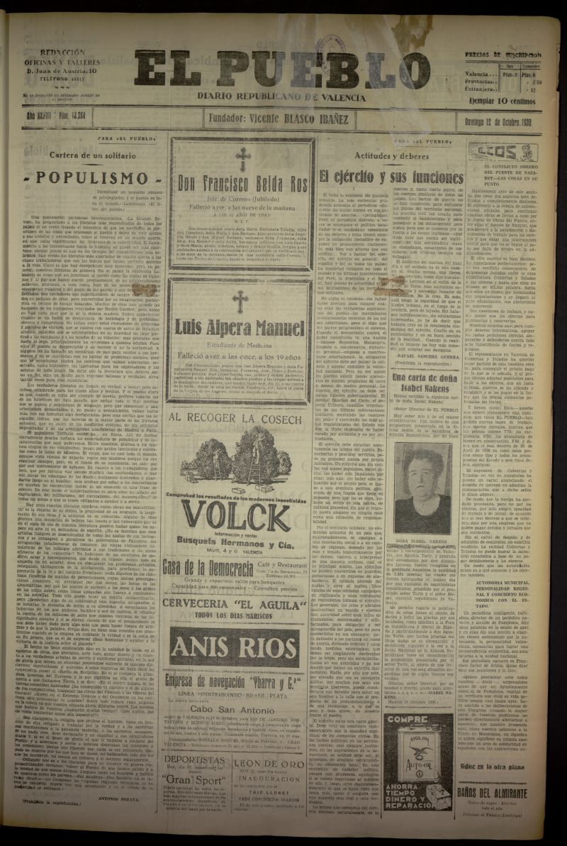 El Pueblo : Diario republicano de Valencia del 12 de octubre de 1930, n 13264