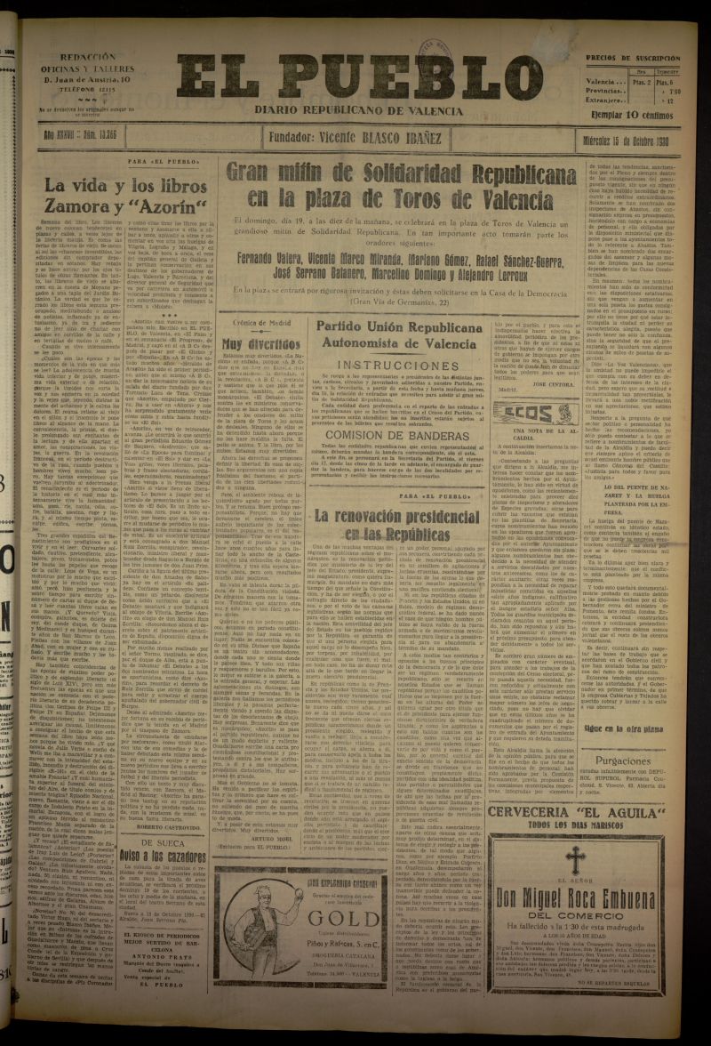 El Pueblo : Diario republicano de Valencia del 15 de octubre de 1930, n 13266