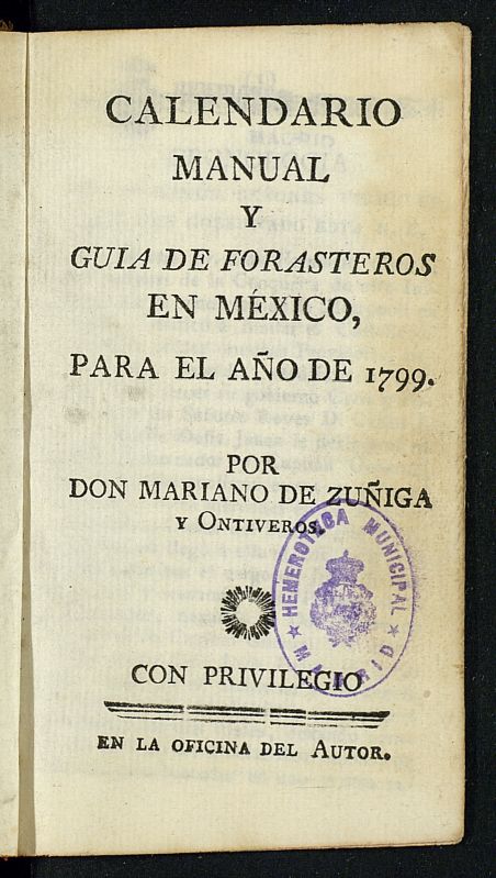 Calendario Manual y Gua de Forasteros en Mxico para el ao de 1799