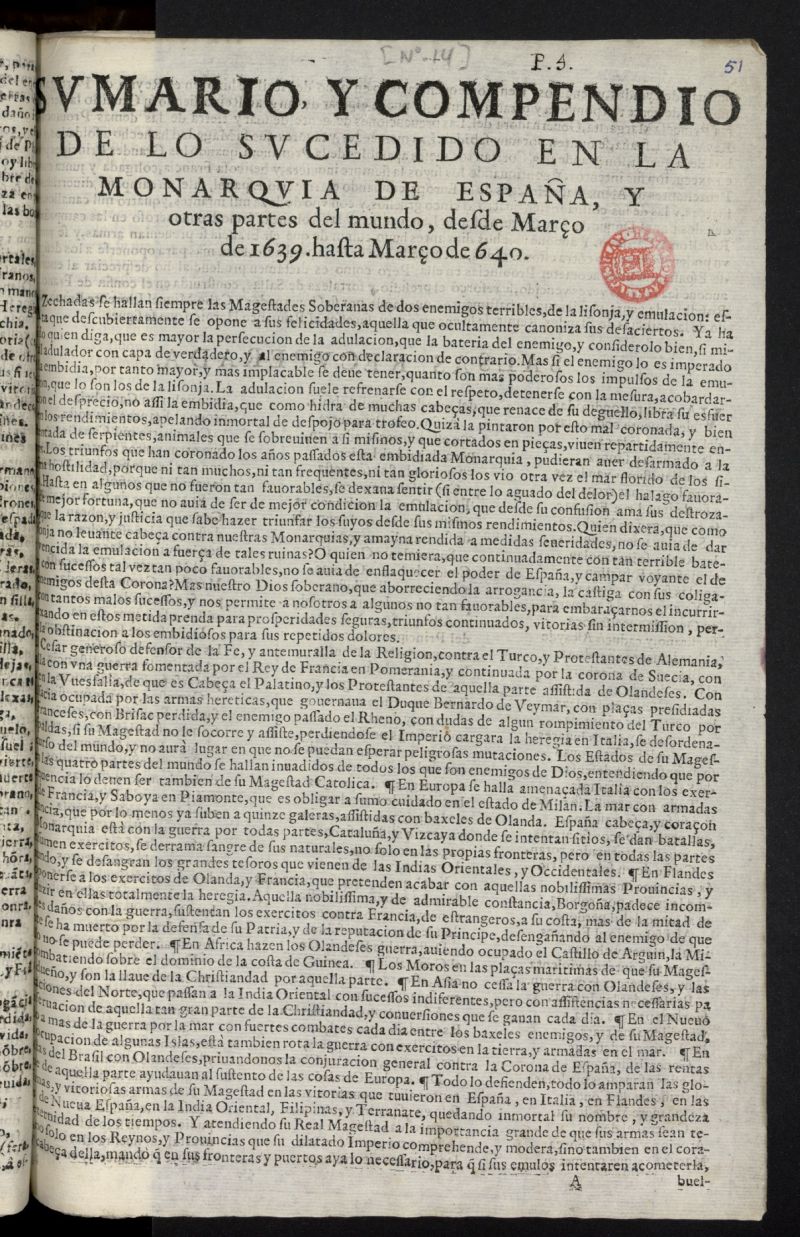 Sumario y compendio de lo sucedido en la Monarquia de Espaa, y otras partes del mundo, desde Maro de 1639, hasta Maro de 640 [sic]