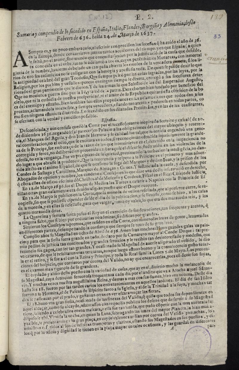 Sumario y compendio de lo sucedido en Espaa, Italia, Flandes, Borgoa y Alemania, desde Febrero de 636 [sic] hasta 14 de Maro de 1637