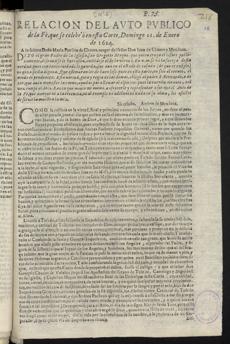 Relacion del auto publico de la F, que se celebr en esta Corte, Domingo 21 de Enero de 1624