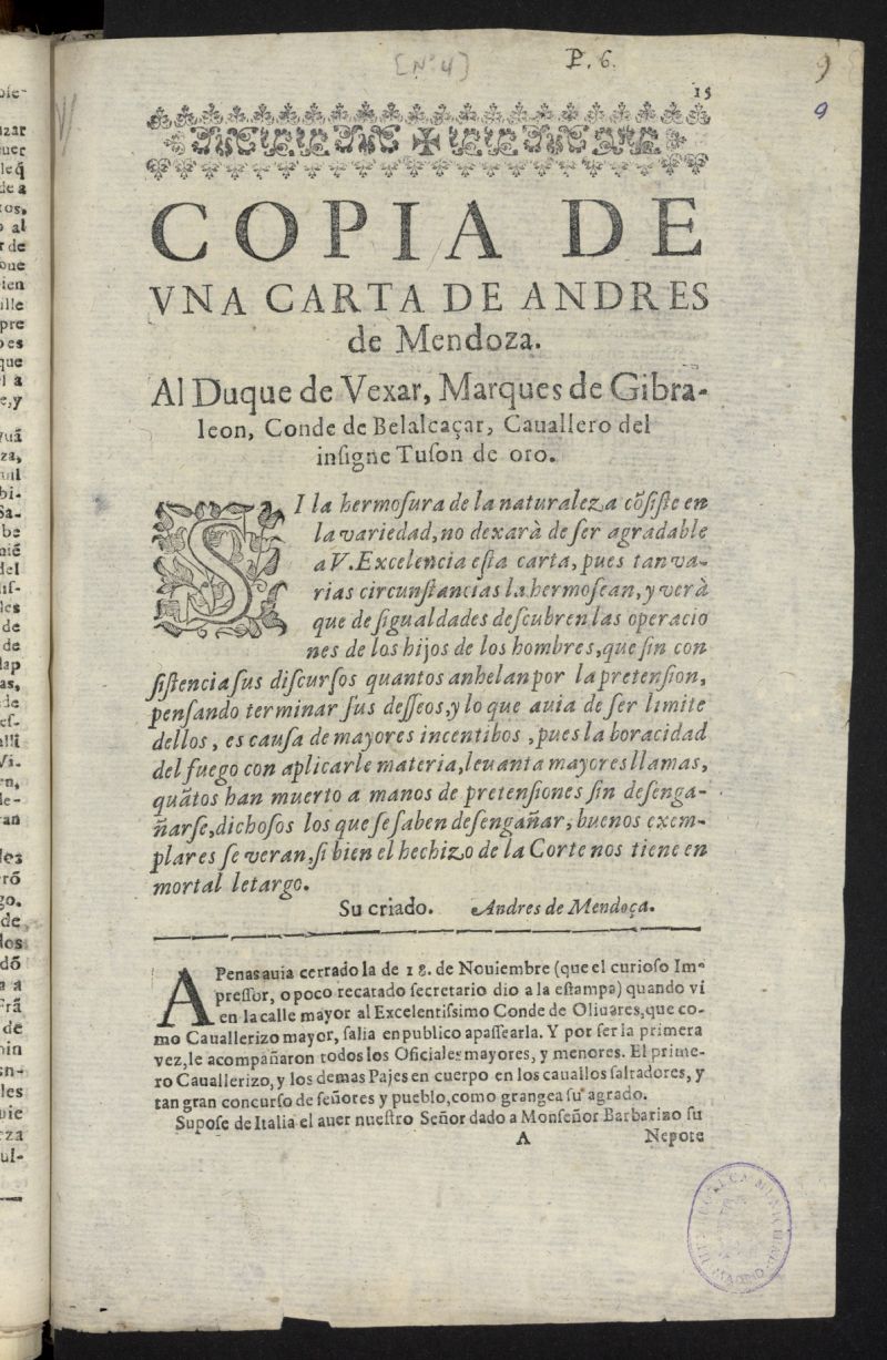 Copia de una carta de Andres de Mendoza, Al Duque de Vexar, Marques de Gibraleon, Conde de Belalcaar, cavallero del insigne Tuson de oro
