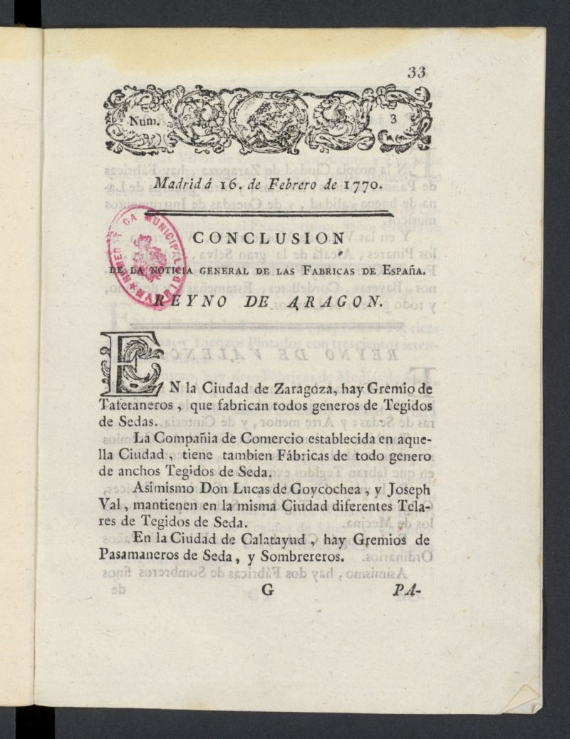 Correo General de Espaa del 16 de febrero de 1770, n 3