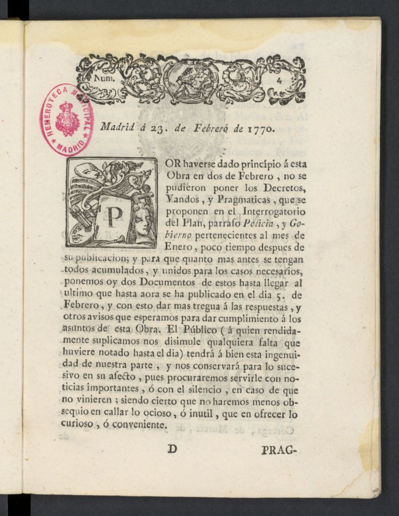 Correo General de Espaa del 23 de febrero de 1770, n 4