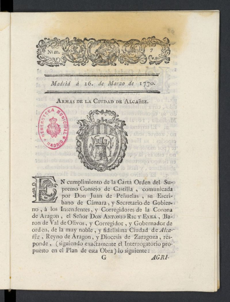 Correo General de Espaa del 16 de marzo de 1770, n 7