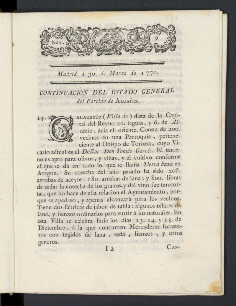 Correo General de Espaa del 30 de marzo de 1770, n 9