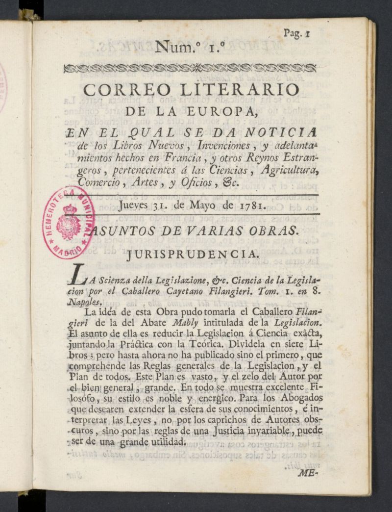 Correo Literario de la Europa del 31 de mayo de 1781, n 1