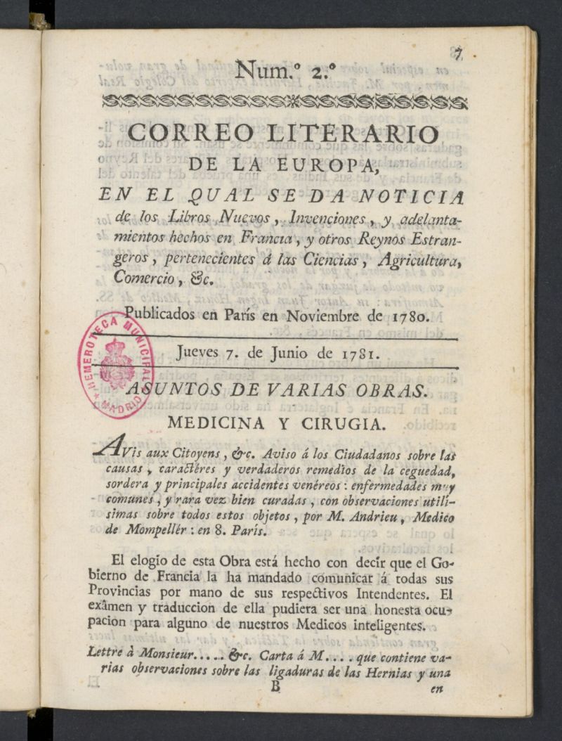 Correo Literario de la Europa del 7 de junio de 1781, n 2