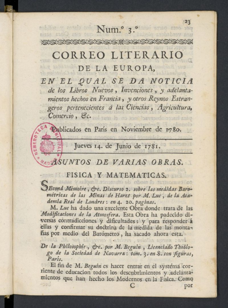 Correo Literario de la Europa del 14 de junio de 1781, n 3