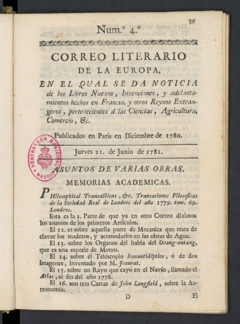 Correo Literario de la Europa del 21 de junio de 1781, n 4