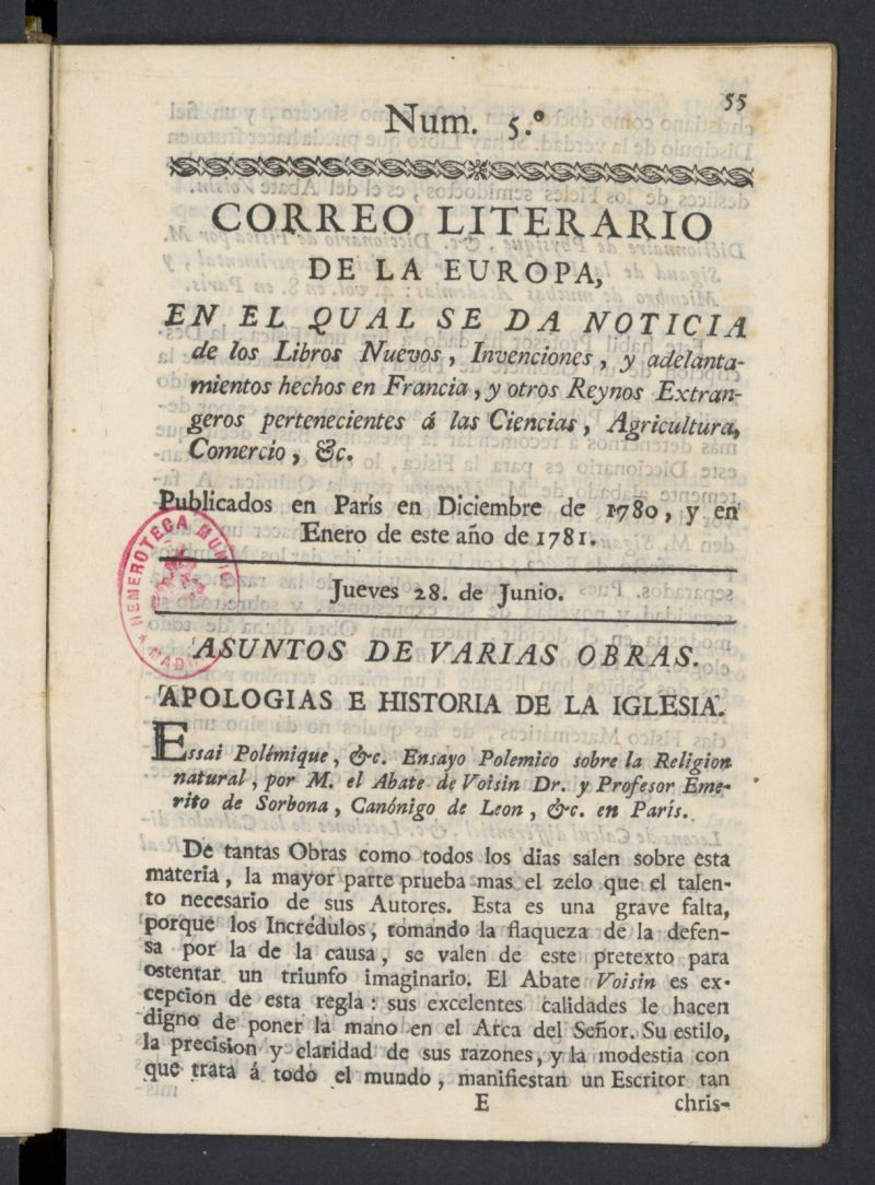 Correo Literario de la Europa del 28 de junio de 1781, n 5