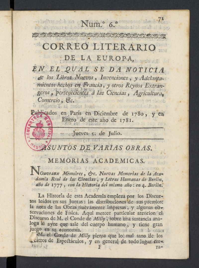 Correo Literario de la Europa del 5 de julio de 1781, n 6