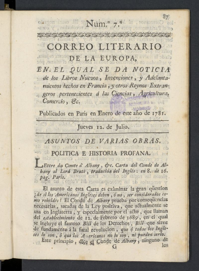 Correo Literario de la Europa del 12 de julio de 1781, n 7