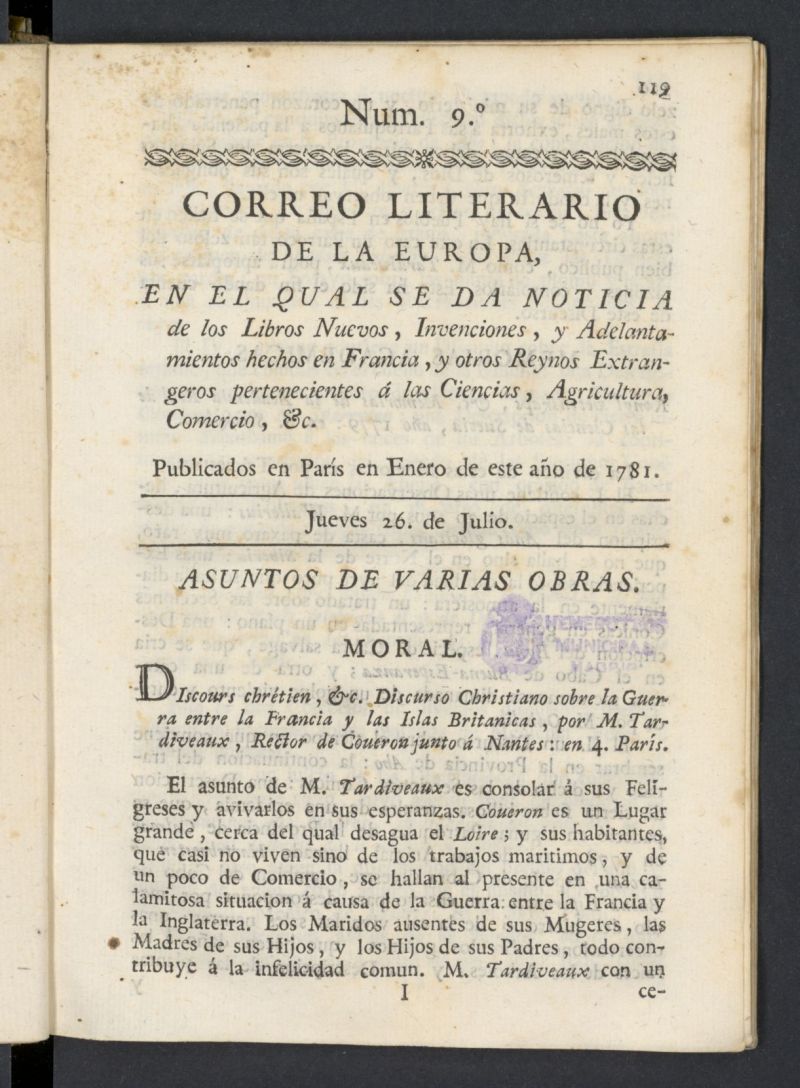 Correo Literario de la Europa del 26 de julio de 1781, n 9