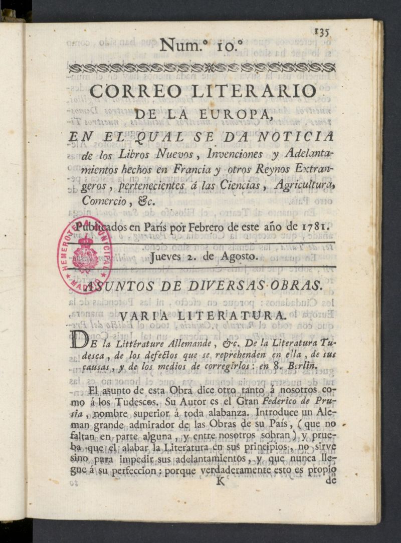 Correo Literario de la Europa del 2 de agosto de 1781, n 10