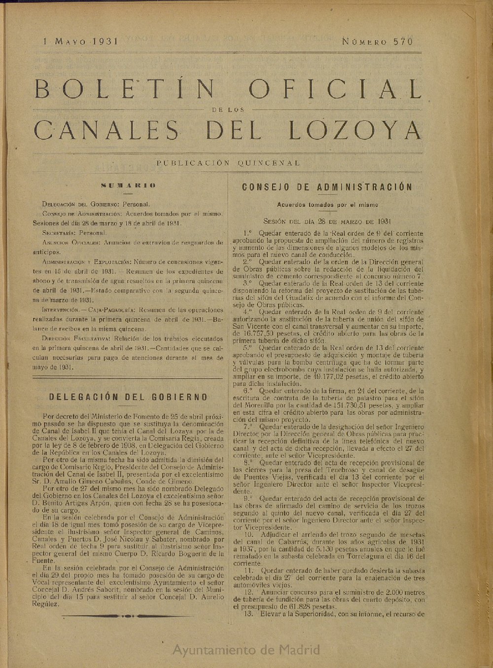 Boletín Oficial de los Canales del Lozoya del 1 de mayo de 1931, nº 570