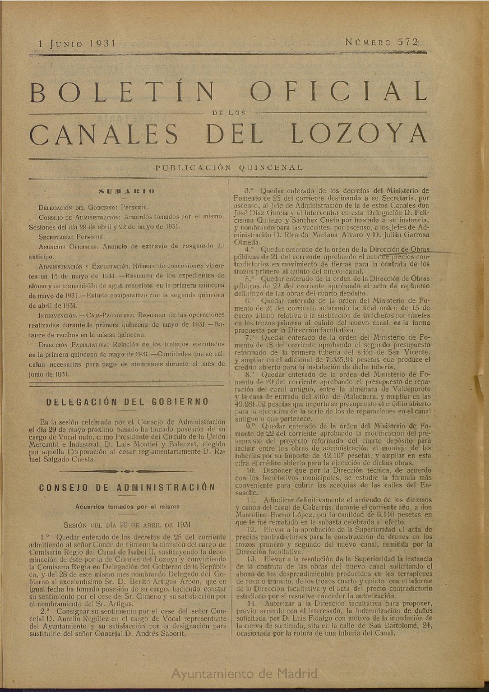 Boletín Oficial de los Canales del Lozoya del 1 de junio de 1931, nº 572