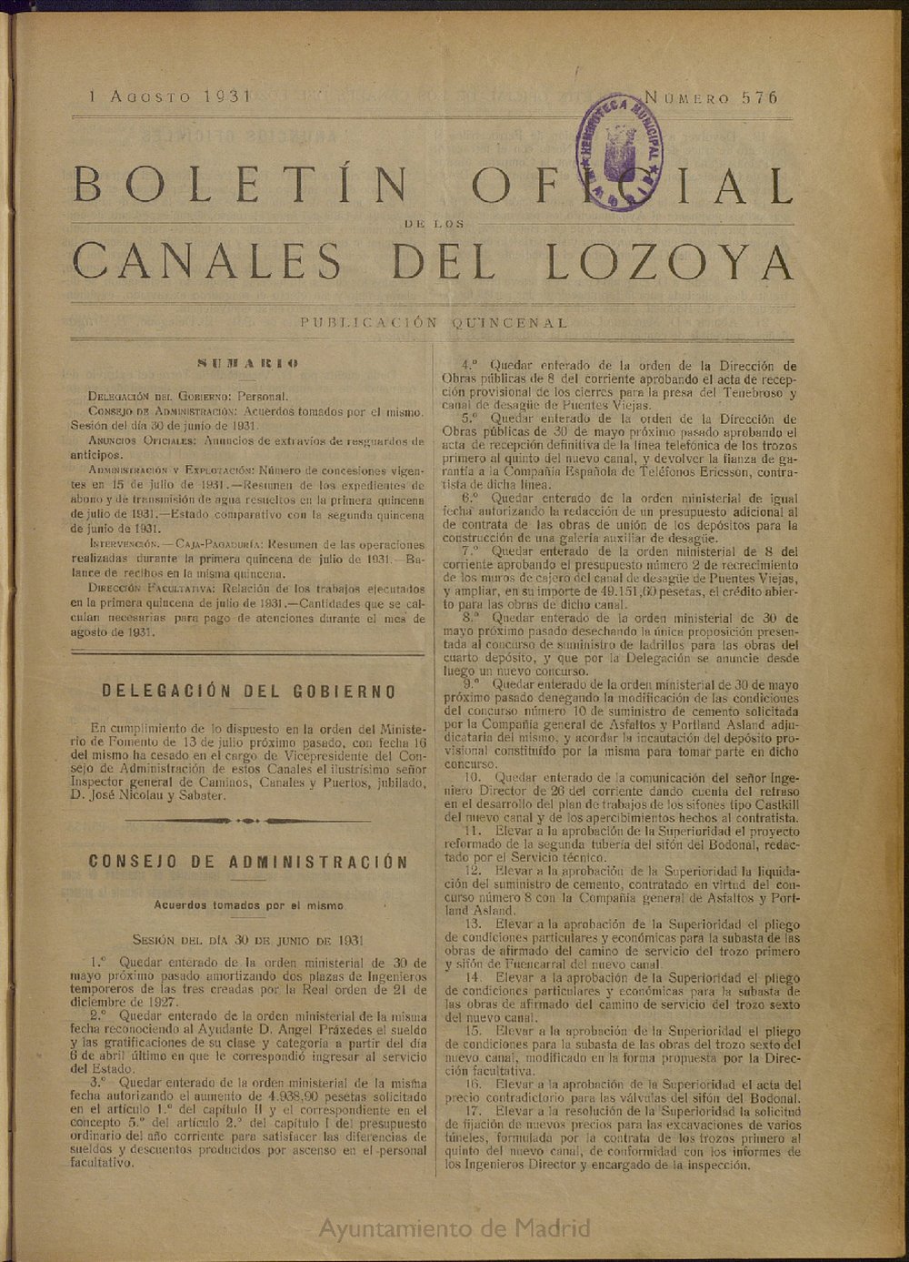 Boletín Oficial de los Canales del Lozoya del 1 de agosto de 1931, nº 576