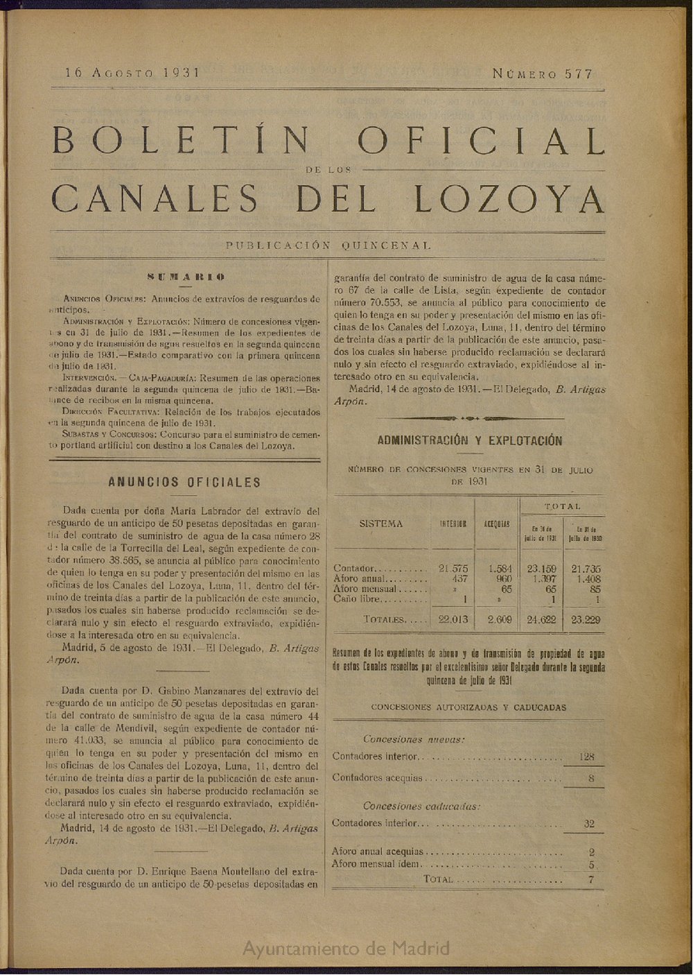 Boletín Oficial de los Canales del Lozoya del 16 de agosto de 1931, nº 577