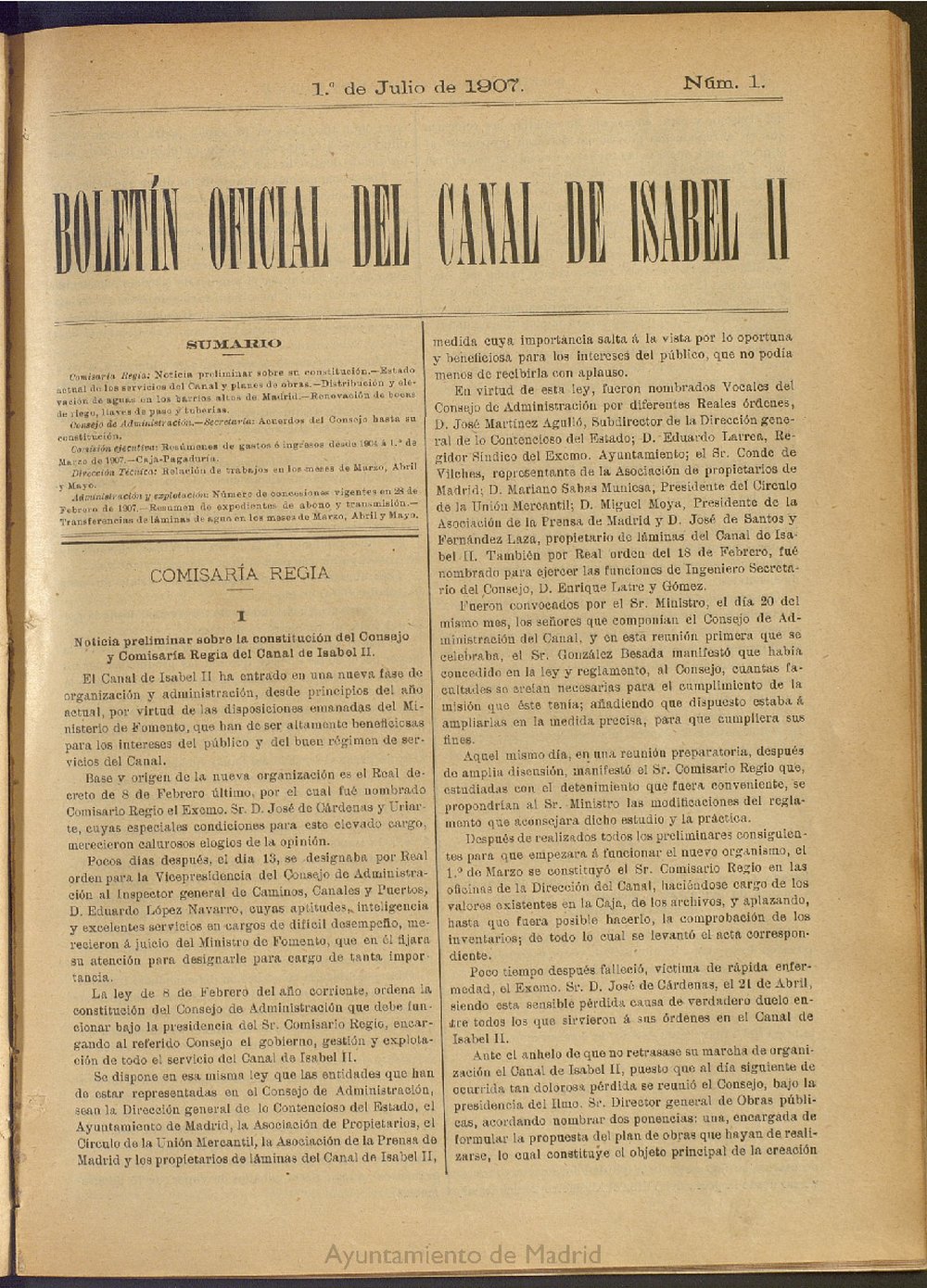 Boletín Oficial del Canal de Isabel II del 1 de julio de 1907, nº 1