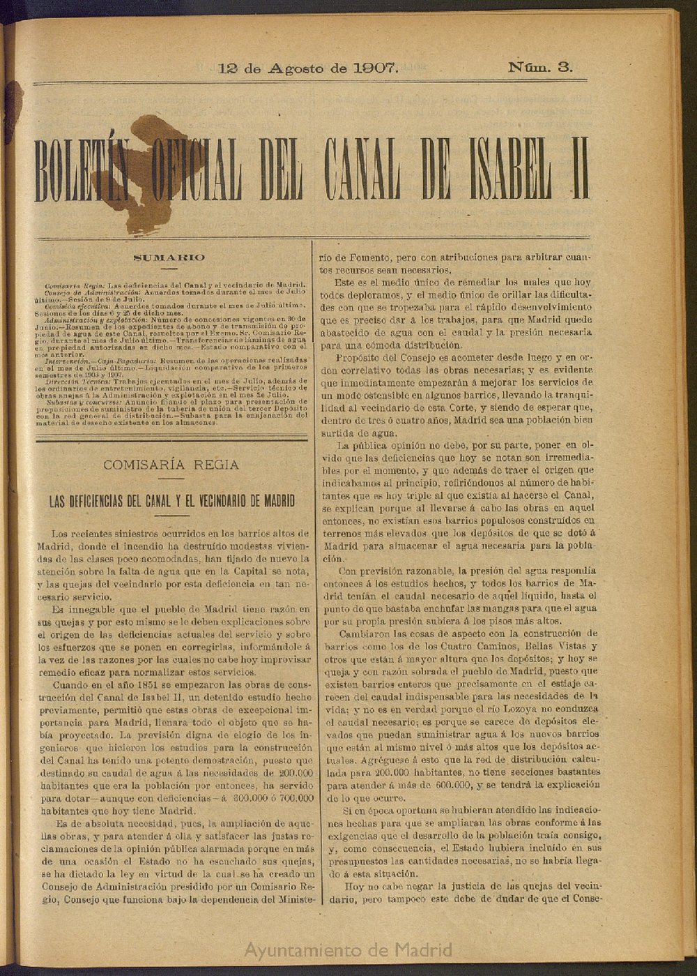 Boletín Oficial del Canal de Isabel II del 12 de agosto de 1907, nº 3
