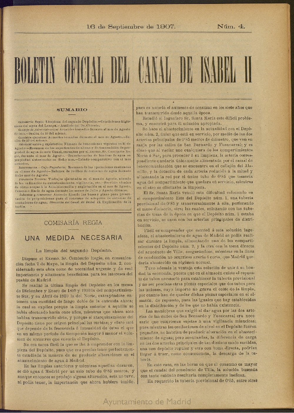 Boletín Oficial del Canal de Isabel II del 16 de septiembre de 1907, nº 4