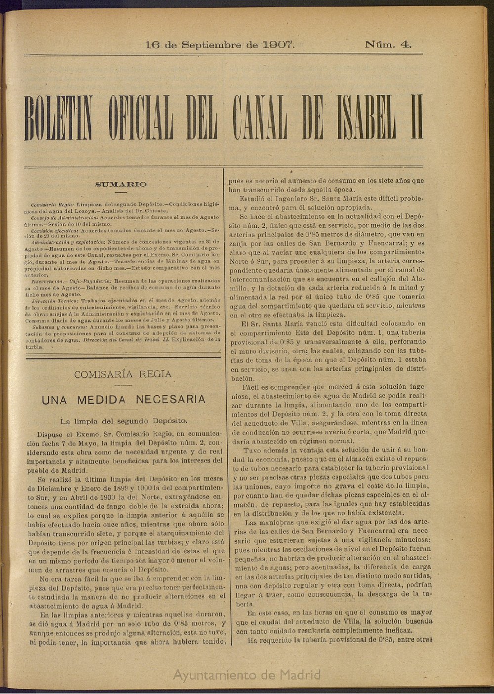 Boletn Oficial del Canal de Isabel II del 16 de septiembre de 1907, n 4