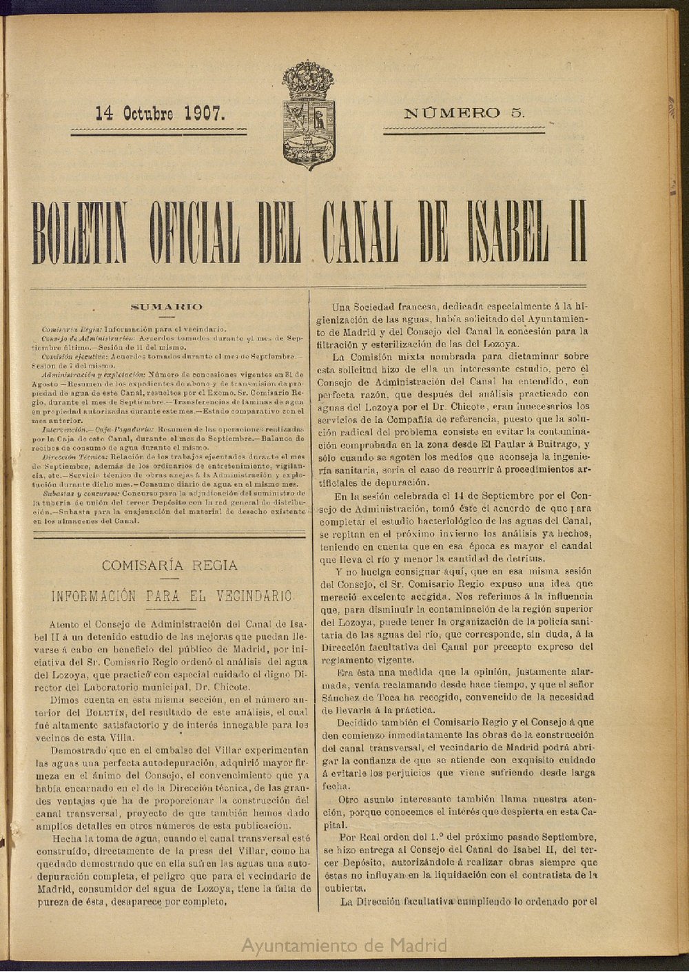 Boletín Oficial del Canal de Isabel II del 14 de octubre de 1907, nº 5