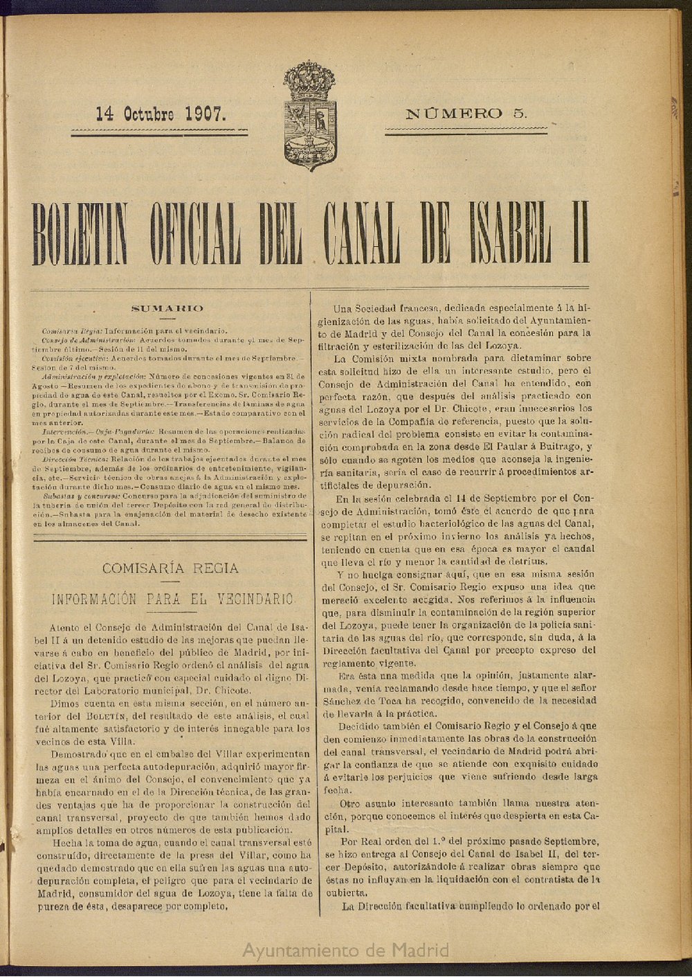 Boletn Oficial del Canal de Isabel II del 14 de octubre de 1907, n 5