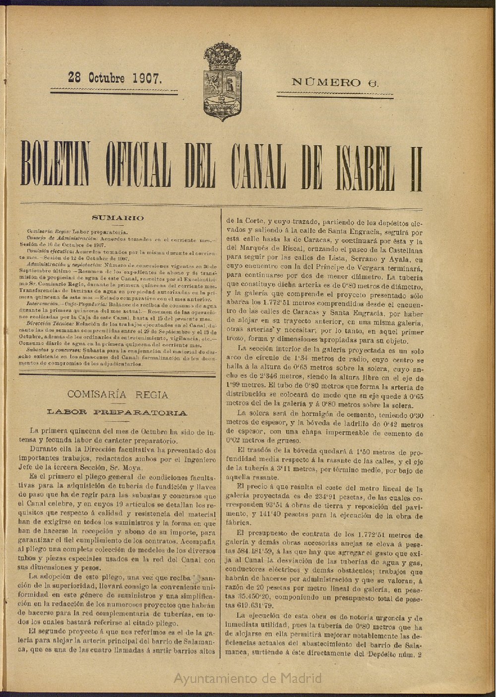 Boletín Oficial del Canal de Isabel II del 28 de octubre de 1907, nº 6