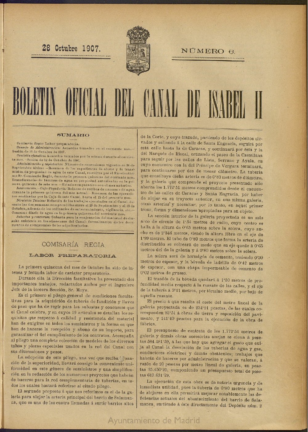 Boletn Oficial del Canal de Isabel II del 28 de octubre de 1907, n 6