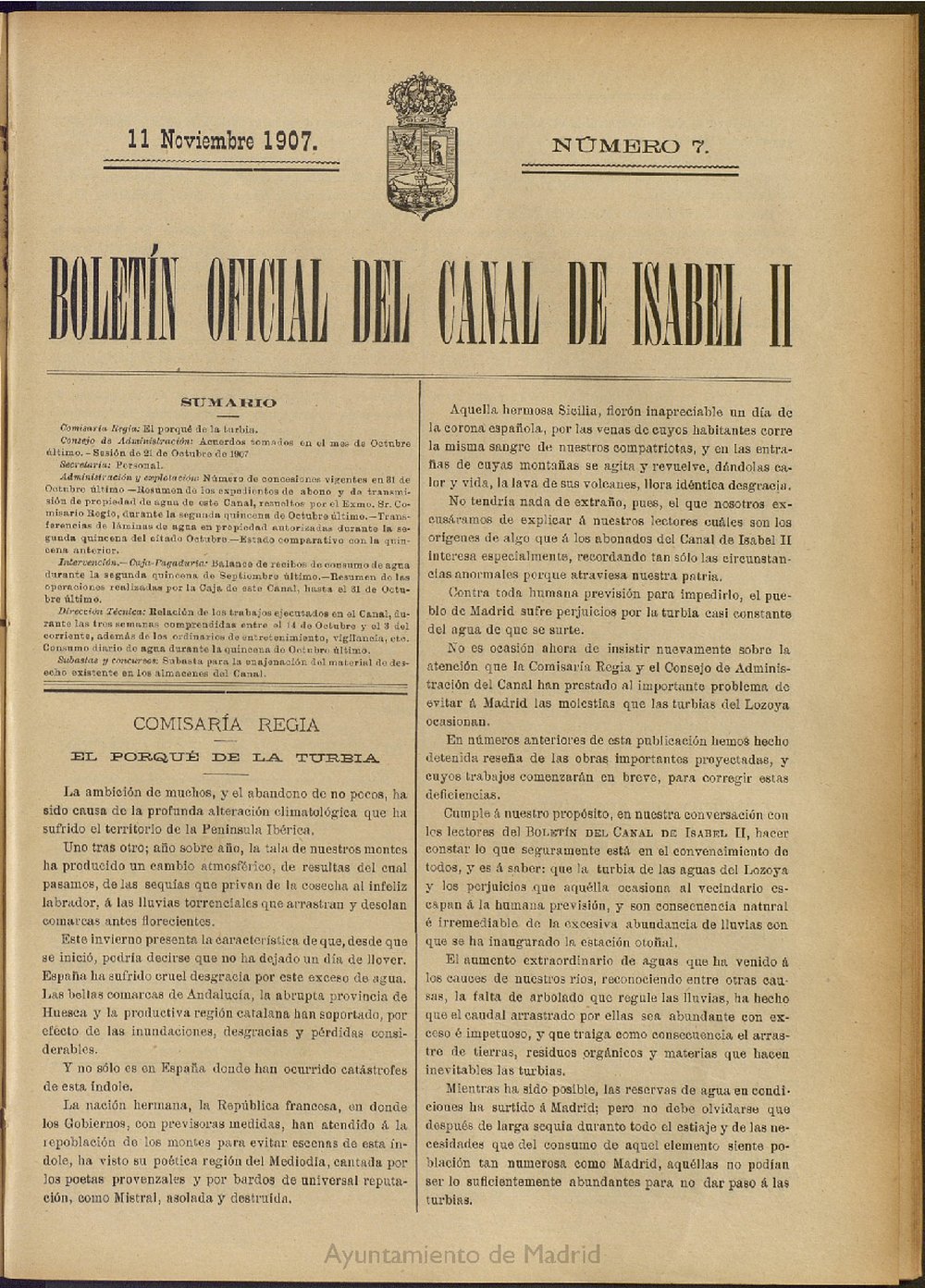 Boletín Oficial del Canal de Isabel II del 11 de noviembre de 1907, nº 7