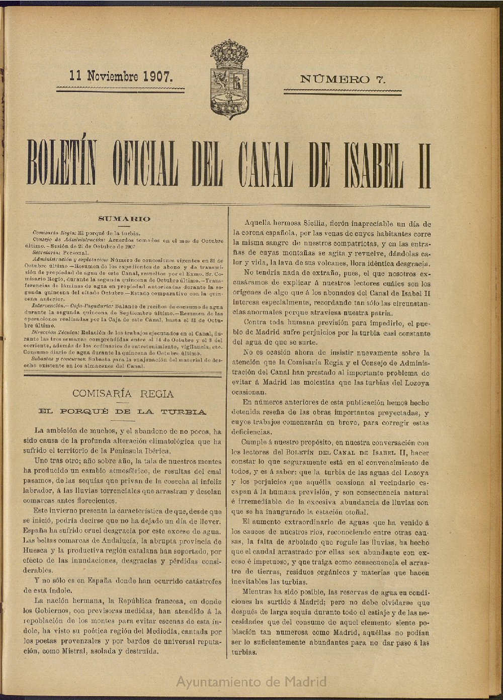 Boletn Oficial del Canal de Isabel II del 11 de noviembre de 1907, n 7