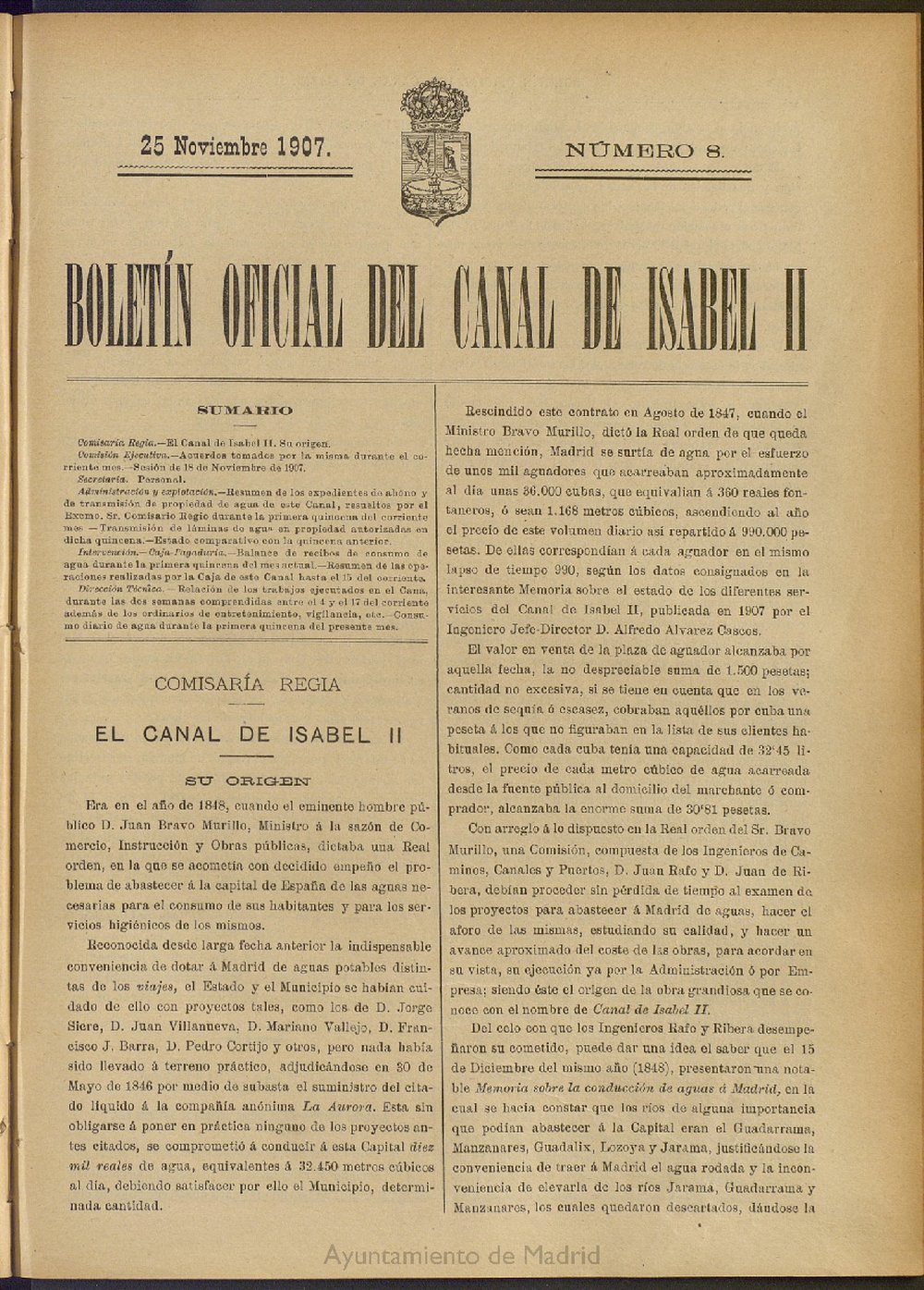Boletín Oficial del Canal de Isabel II del 25 de noviembre de 1907, nº 8
