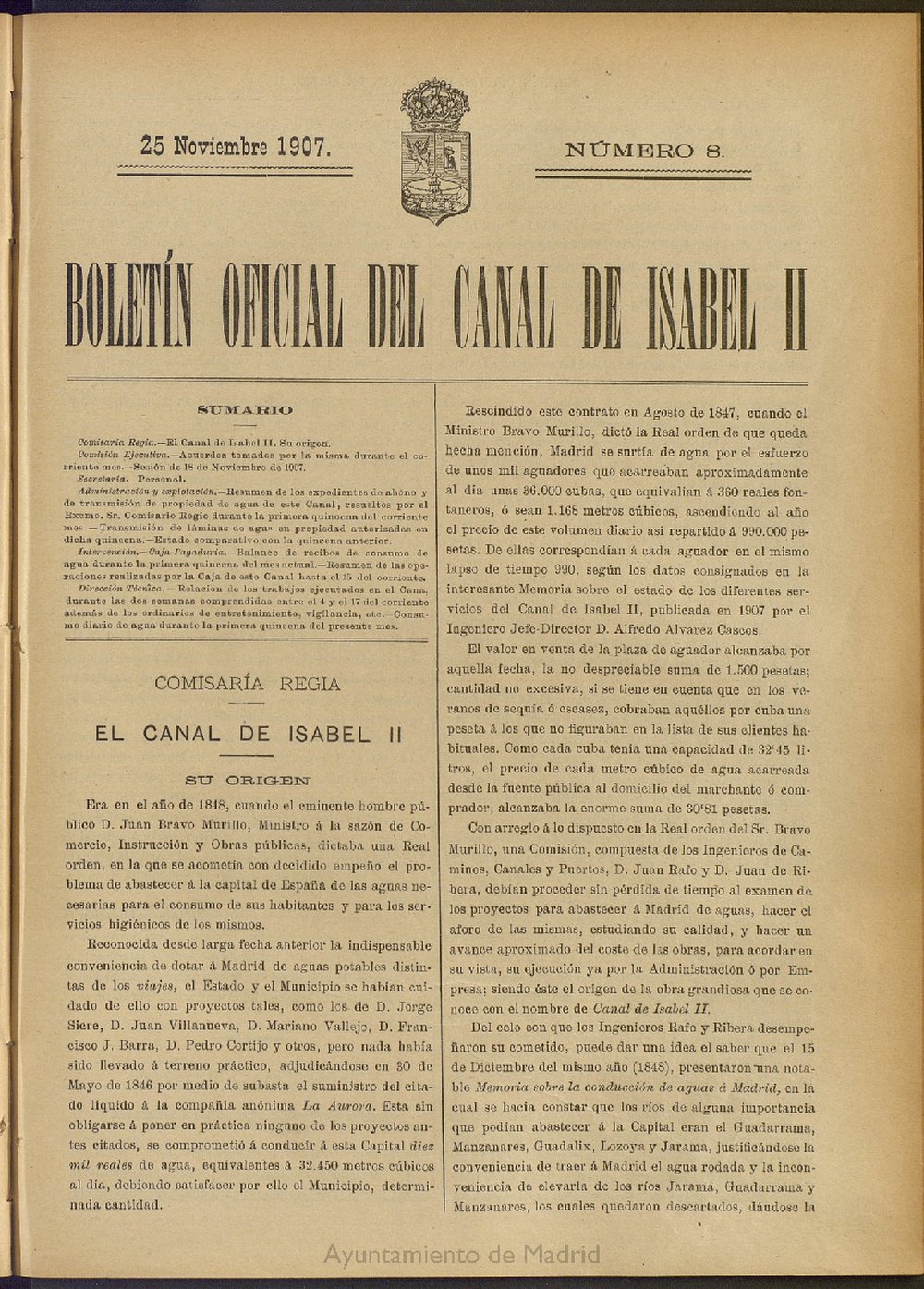 Boletn Oficial del Canal de Isabel II del 25 de noviembre de 1907, n 8