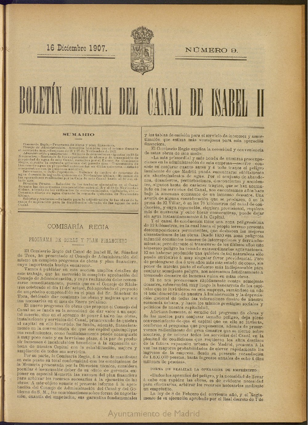 Boletín Oficial del Canal de Isabel II del 16 de diciembre de 1907, nº 9